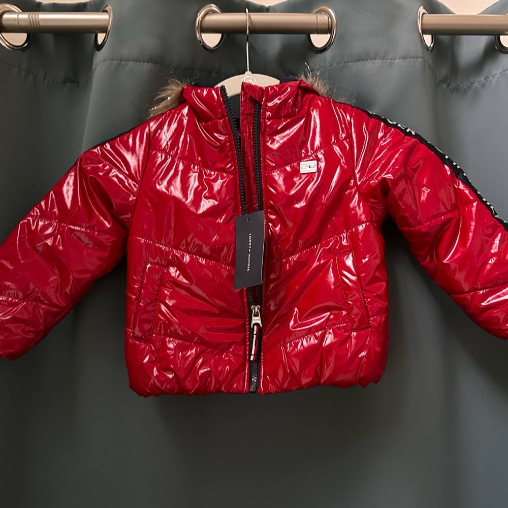 Tommy Hilfiger Red Puffer Jacket Glossy Quilted Winter Coat
